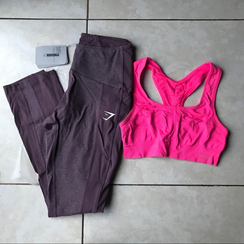Gymshark textured purple leggings + C9 sports bra